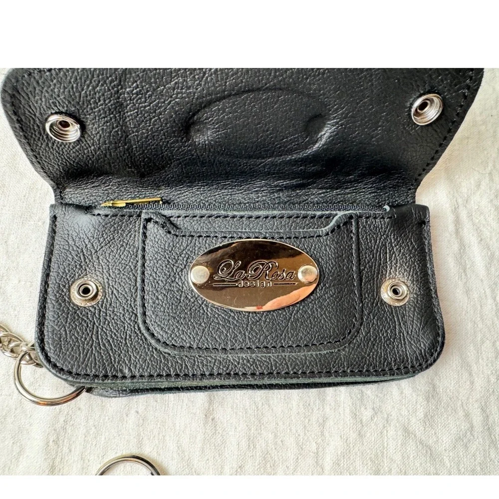 La Rosa Design Black Pebbled Leather Biker Trucker Wallet w Chain Belt Loop VTG